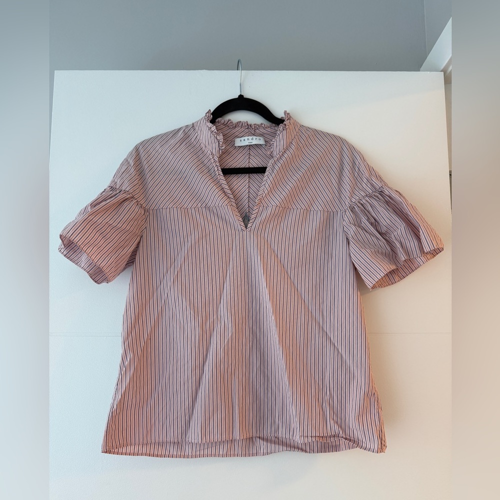 Sandro Paris - Striped Ruffle Neck Blouse with Star Detail